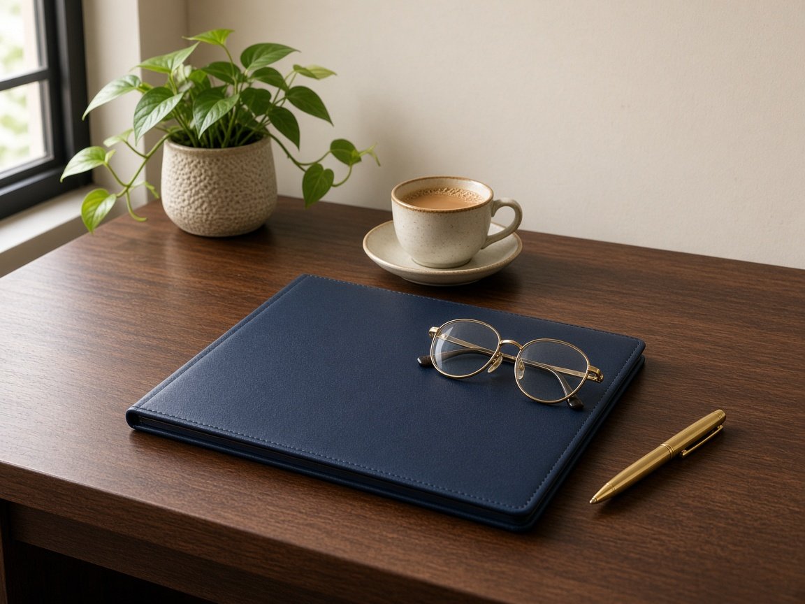 A navy folder, glasses, a cup of tea, and a pen on a wooden desk.