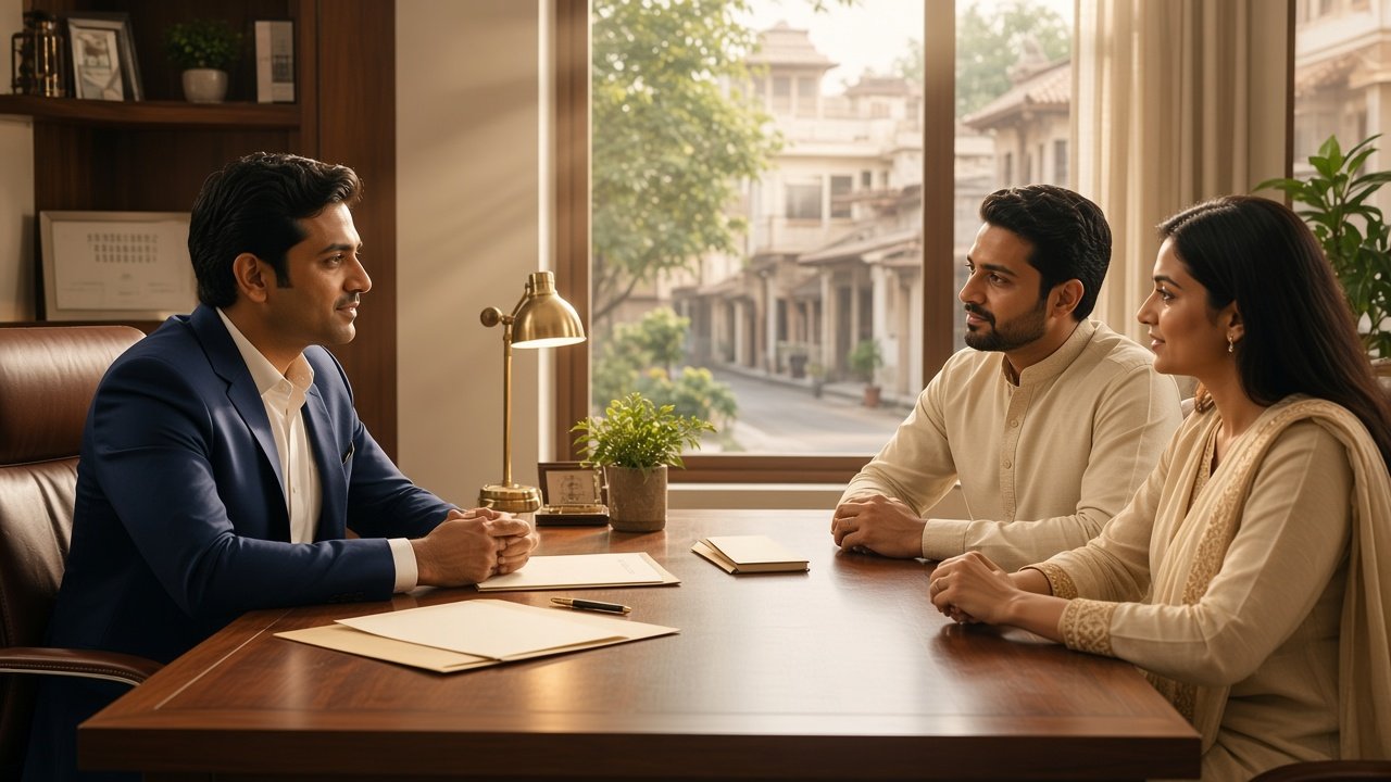 An advisor meeting a couple across a wooden desk, with papers and a window onto a quiet street.