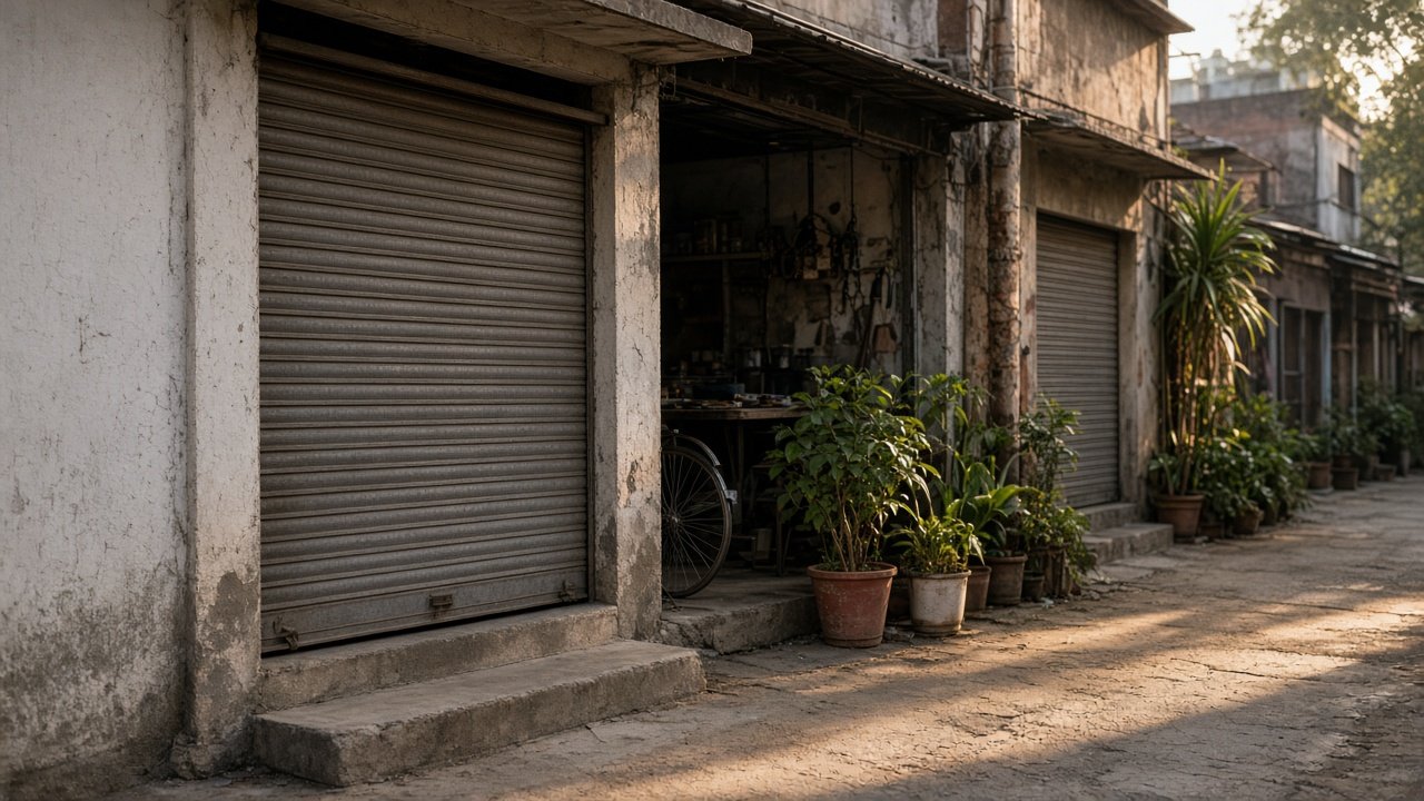 A small workshop lane with shutters and plants.
