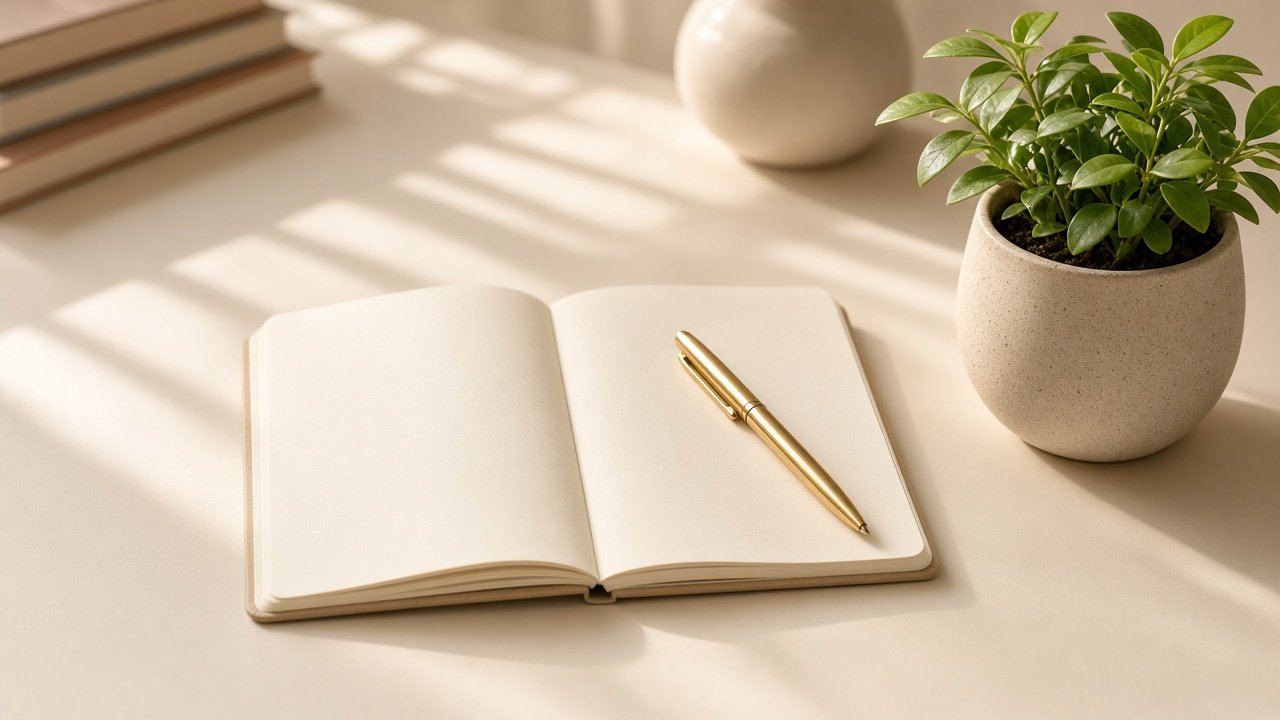 An open notebook, a gold pen, and a small plant on a desk.