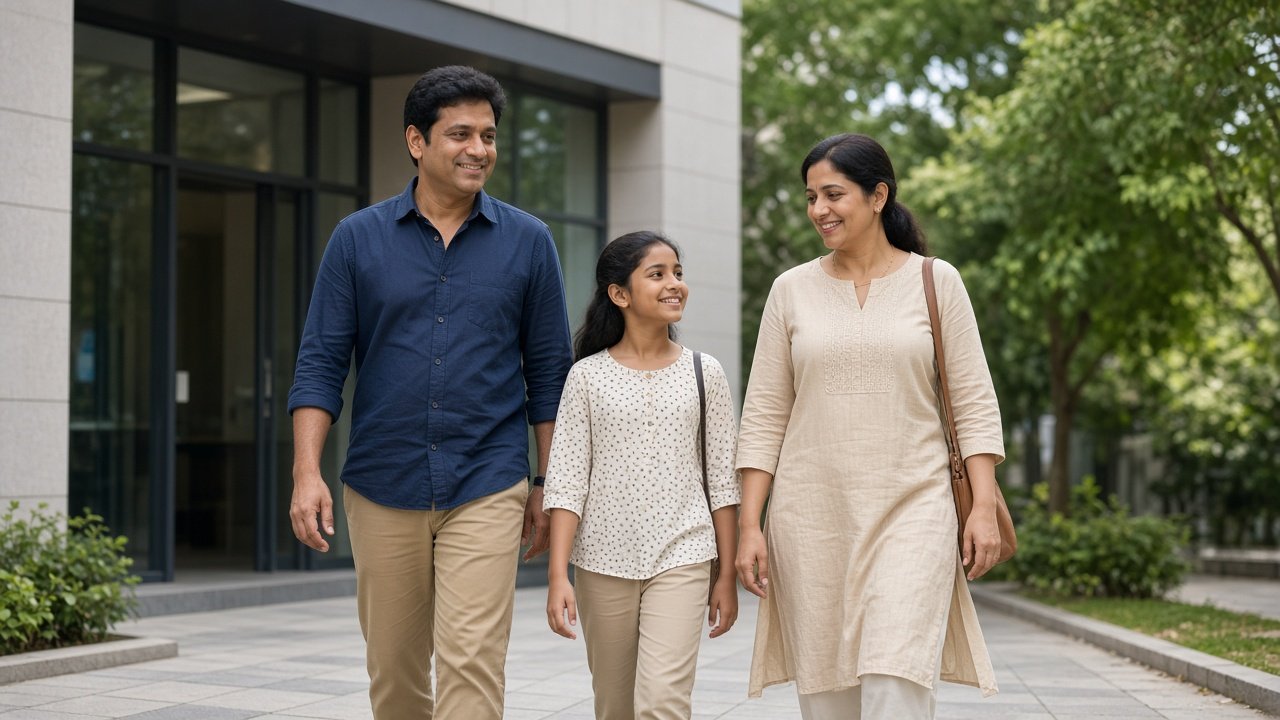 A family walking together outside a clinic.