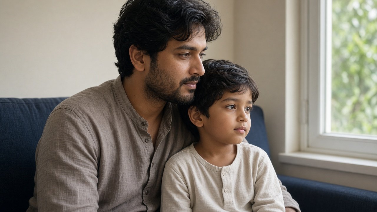 A father and son sitting together by a window.