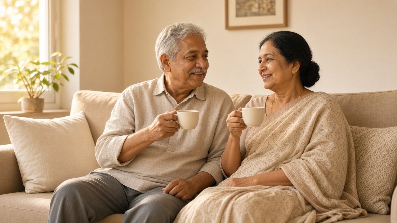 An older couple sitting at home with tea.